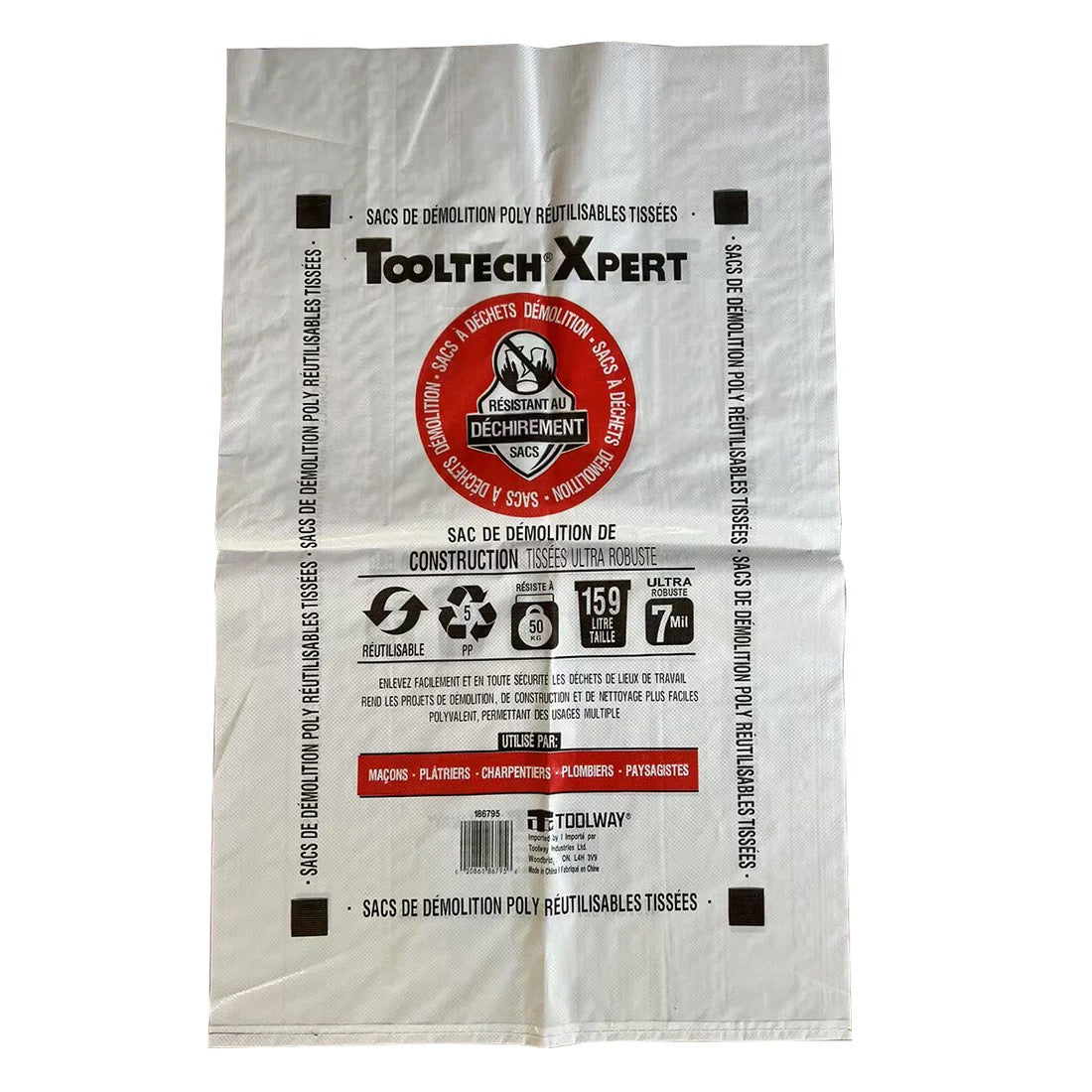 Sacs à déchets de démolition (10) 29.25po x 48.5po (7mil) Blanc Tooltech Xpert 186795
